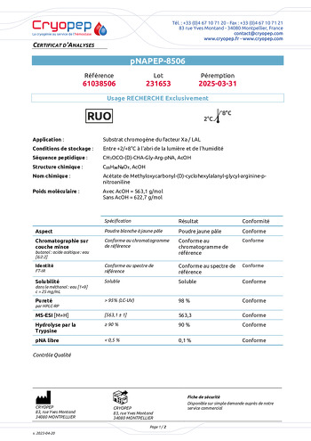 Certificat d'analyses pNAPEP-8506 Substrat chromogène du FXa/LAL